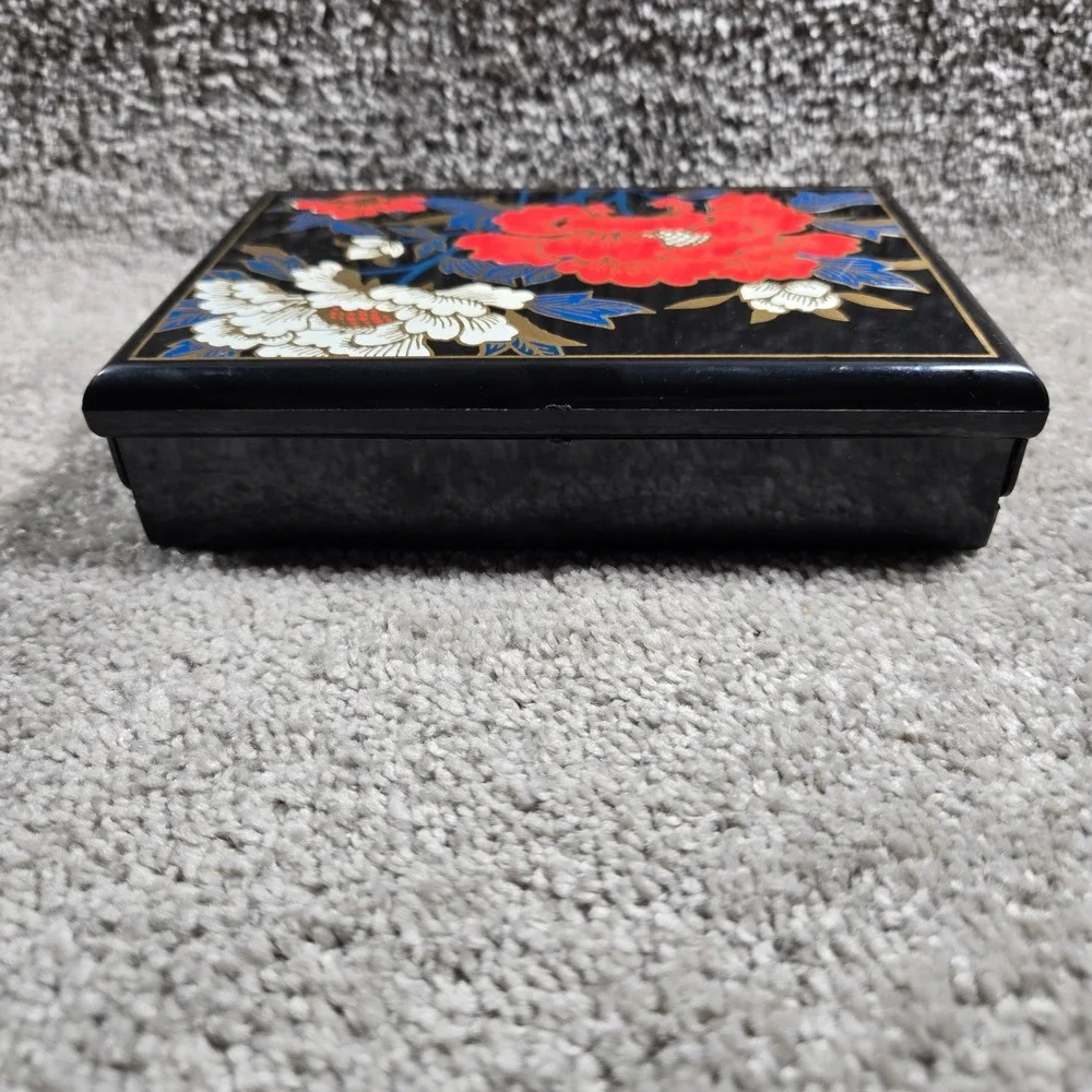 Jewelry Box Black Floral Peony Mirror Red Lining Organizer Vanity